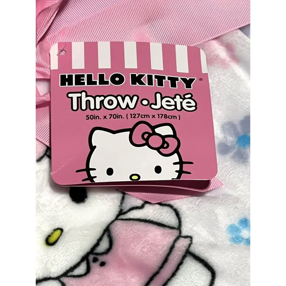 Hello Kitty Throw Blanket Spring Blue Pink Flowers Plush Fleece 50 X 70” Easter
